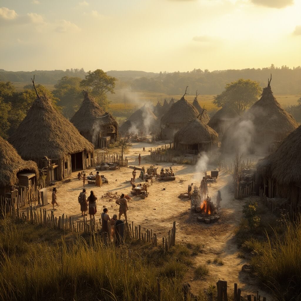 Het Verborgen Geheim Achter Nederlands Meest Onderschatte Historische Attractie Wide-angle view of Archeon's prehistoric village at golden hour, showcasing reconstructed Stone Age huts, costumed interpreters demonstrating fire-making with flint, and modern visitors creating a contrast with the ancient setting. Smoke from cooking fires and wooden fences delineate dwelling areas amidst tall grass and native vegetation, all captured in warm, natural lighting.