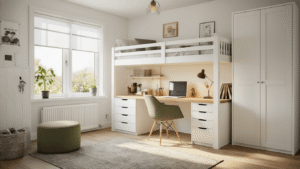 Kleine studeerkamer inrichten: Zo creëer ik een functionele én stijlvolle ruimte op 15m² Cinematische weergave van een compacte Nederlandse studentenkamer met witte hoogslaper, geïntegreerd bureau, modulaire wandplanken en saliegroen uitklapbureau, verlicht door warm gouden licht.