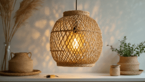 DIY Lampen Maken: Van Saai naar Spectaculair in Een Weekend Fotorealistische close-up van een gevlochten rieten mand hanglamp in aanbouw met gouden textielkabel, E27 lampfitting, en koperkleurige accenten op een witte werkbank, verlicht door natuurlijk ochtendlicht.