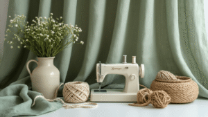 Gordijnen DIY: Van Saai Raam naar Pinterest-Worthy Eyecatcher Fotorealistische compositie van materialen voor DIY gordijnen, waaronder sage groene linnen stof, een zilveren naaimachine, plooiband, macramé koord, vintage messing gordijnringen en decoratieve biezen, allemaal op een witte achtergrond met warme gouden ochtendlicht en zachte schaduwen.