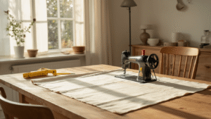 DIY stoel- en kussenhoezen maken: van saai naar wauw in één middag Fotorealistisch beeld van een DIY stoelhoes project met crème linnen stof, naaimachine, meetlint, en een oude stoel op een houten werktafel, verlicht door natuurlijk licht.