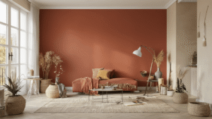 DIY Accentmuur met Muurstickers: Van Saaie Muur naar Instagram-Worthy Ruimte Cinematische close-up van een Nederlandse woonkamer in transformatie met warme terracotta verf op een accentmuur, schilderstape voor scherpe lijnen, en een creatieve chaos van verfgereedschap en muurstickers, verlicht door zacht ochtendlicht.