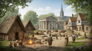Het Verborgen Geheim Achter Nederlands Meest Onderschatte Historische Attractie A vibrant outdoor museum in the Dutch countryside featuring three historical zones: prehistoric wooden huts with thatched roofs and people in animal skins by a fire, a Roman settlement with stone structures and toga-clad figures, and a medieval village with timber-framed houses and craftsmen; visitors interact with historical interpreters among archaeological tools and artifacts.