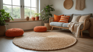 DIY vloerkleed maken: van basic touw tot luxe tuft-kleed voor elke ruimte Gezellige Nederlandse woonkamer met handgemaakte vloerkleden in verschillende texturen, inclusief een rond sisaltouw kleed, kleurrijke pomponkleden en een luxe getufted kleed, omringd door ambachtelijke gereedschappen in warme avondbelichting.