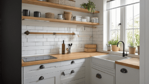 Kleine keuken opbergtips die je leven zullen veranderen (en Pinterest doen smelten) Fotorealistische compacte keuken met galley-indeling, witte metro tegels, licht eiken aanrechtblad en georganiseerde verticale wandopslag; inclusief bamboe lade-organizers, glazen voorraadpotten, en koperen details, met een salie groene accent muur en verse tulpen voor kleuraccent.