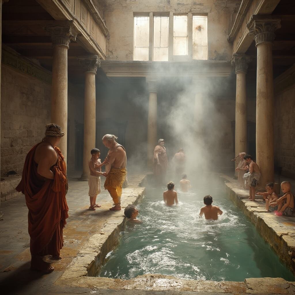 Het Verborgen Geheim Achter Nederlands Meest Onderschatte Historische Attractie Detailrijke scène in Archeon's reconstructie van een Romeins badhuis met bezoekers die authentieke Romeinse badcultuur ervaren. Stoom stijgt op uit verwarmde pools terwijl toga-dragende archeotolken de juiste badtechnieken demonstreren aan moderne gezinnen. Zichtbare architectonische elementen zijn onder andere stenen zuilen, mozaïekvloerpatronen gebaseerd op archeologische ontdekkingen en periode-geschikte bronzen armaturen. Natuurlijke lichtinval door clerestory-vensters verlicht de vochtige sfeer van het interieur. Professionele museumfotografie legt zowel de wetenschappelijke nauwkeurigheid van de reconstructie als de interactieve educatieve ervaring vast, met aandacht voor het contrast tussen de oude Romeinse techniek en hedendaagse bezoekers die zich bezighouden met levende geschiedenis.