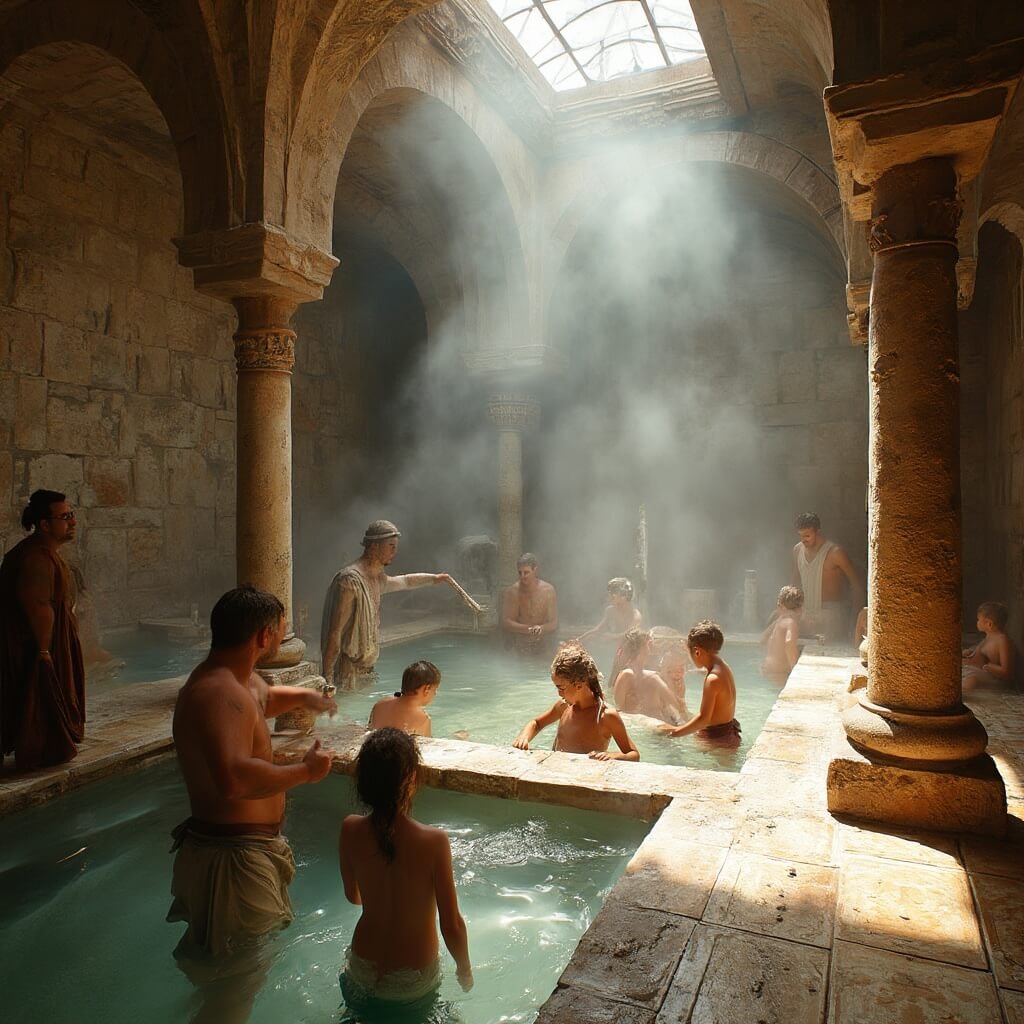 Het Verborgen Geheim Achter Nederlands Meest Onderschatte Historische Attractie Visitors in a reconstructed Roman bathhouse, steamy heated pools in the background, toga-clad guides demonstrating bathing techniques, surrounded by stone columns and mosaic floors, illuminated by natural light from clerestory windows, capturing the blend of ancient Roman architecture and modern educational experience.