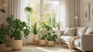 Woonkamerstyling met planten Warme Scandinavische woonkamer met een zorgvuldig samengesteld drie-laags plantecluster bij het raam, inclusief een grote Monstera, middelgrote Calathea, kleine Pilea en hangende Epipremnum, verlicht door zacht ochtendlicht en met een gezellige, uitnodigende sfeer.