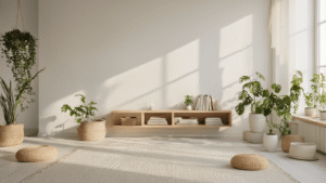 Stylish DIY Wandplanken die Jouw Instagram en Pinterest Doen Ontploffen Professionele interieurfotografie van een Scandinavische minimalistische woonkamer met zwevende eiken planken, witte muren en een warme sfeer.