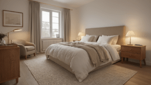 Sfeervolle slaapkamerverlichting: Zo transformeer ik elke slaapkamer in een hotelkamer Fotorealistische afbeelding van een stijlvolle Nederlandse slaapkamer met warme, dimbare verlichting, een kingsize bed met linnen hoofdeinde, walnut nachtkastjes, messing wandlampen, en LED strips. De kamer heeft donkere eiken vloeren, witte muren en een luxe hotelsfeer, met zachte texturen van fluwelen kussens en wollen dekens, en een romig vloerkleed, allemaal verlicht tijdens het gouden uur voor een intieme, warme atmosfeer.