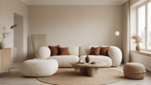Interieurtrends voor 2025: Van Zachte Minimalisme tot Levendig Maximalisme Warm en uitnodigende woonkamer met zachte belichting, oversized crèmekleurige bouclé hoekbank, mocha mousse kussens, groot jute vloerkleed, organische houten salontafel, geribbelde meubeltexturen, linnen gordijnen, bolvormige keramische lampen, groene planten, greige muren, gouden uurtje sfeer door grote ramen, en een warm kleurenpalet.