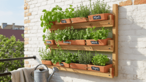DIY Kruidenrek Buiten: Bouw, Style en Fotografeer je Eigen Verticale Kruidentuin Handgemaakt verticaal kruidenrek van douglashout op een witgepleisterde bakstenen muur, gevuld met terracotta potten met basilicum, rozemarijn, munt en tijm. Een verweerde zinken gieter en een koperen tuinschepje liggen erbij, omringd door de warme ochtendgloed.