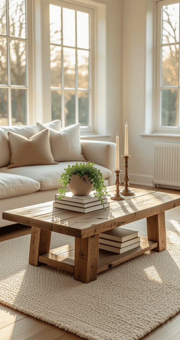 Waarom DIY-meubels de beste keuze zijn voor jouw interieur A cozy Dutch living room with a handcrafted wooden coffee table featuring natural grain patterns, positioned on a cream wool rug, illuminated by warm golden hour light through large windows. Three styled elements—a stack of design books, a small ceramic plant pot with trailing ivy, and a brass candlestick holder—adorn the table, set against white walls and a beige linen sofa, with soft shadows enhancing the space's bright, airy atmosphere.