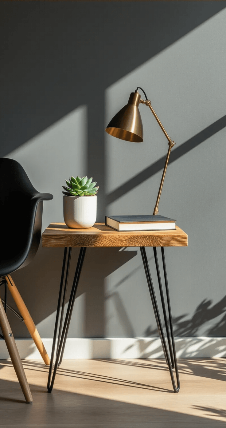 Waarom DIY-meubels de beste keuze zijn voor jouw interieur A modern Dutch home office corner featuring an industrial-style side table with black metal hairpin legs and a raw wood top, illuminated by late afternoon light casting shadows. The table displays a small succulent in a white ceramic pot, a hardcover book, and a geometric brass desk lamp, against a charcoal gray wall and light oak flooring, highlighting contrasts between materials and design elements.