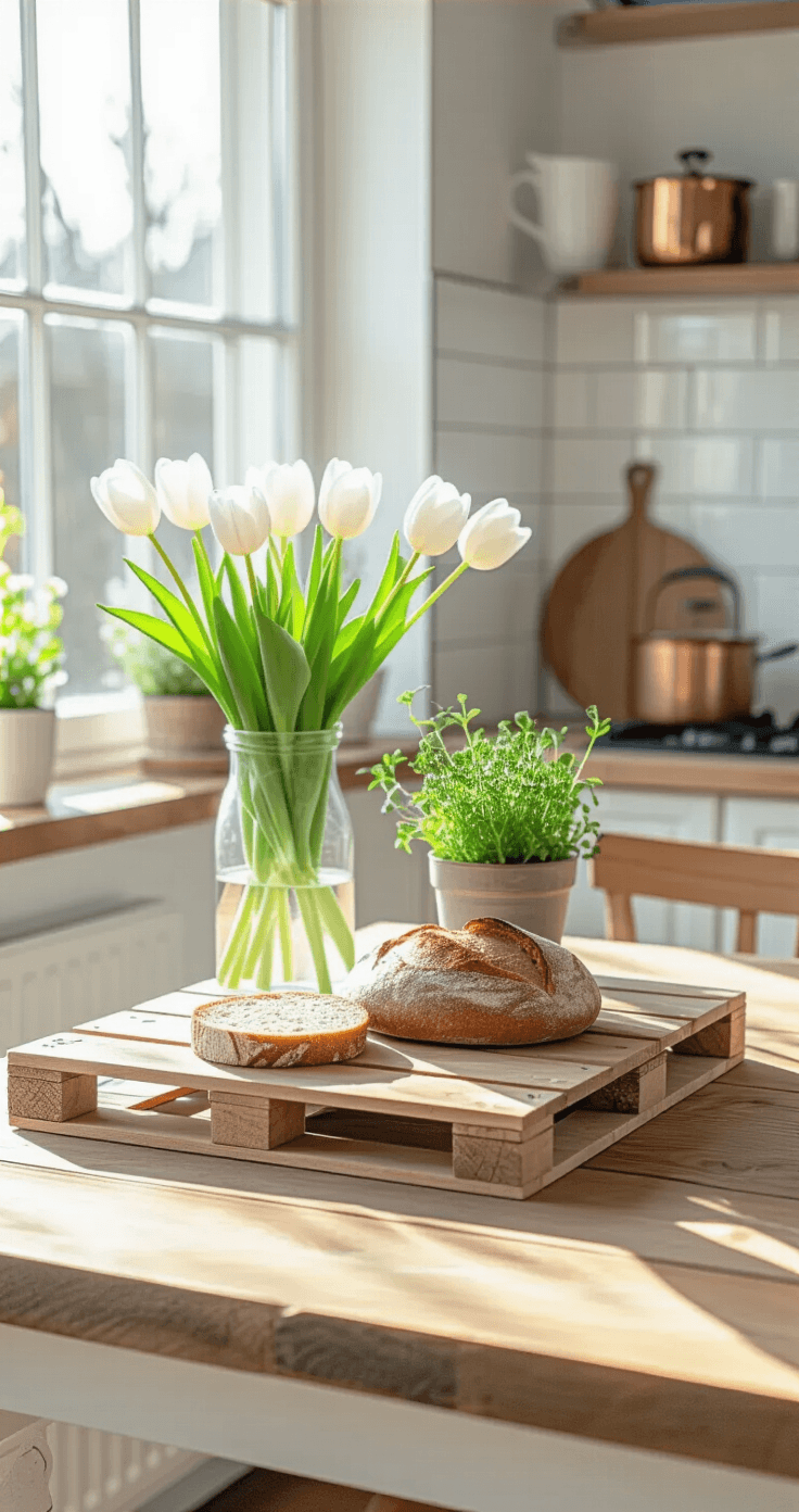 Waarom DIY-meubels de beste keuze zijn voor jouw interieur A bright Dutch kitchen featuring a rustic pallet wood side table by a window, adorned with fresh white tulips, artisanal bread, and a small potted herb garden, all bathed in soft morning light, with white subway tiles and natural wood countertops in the background.