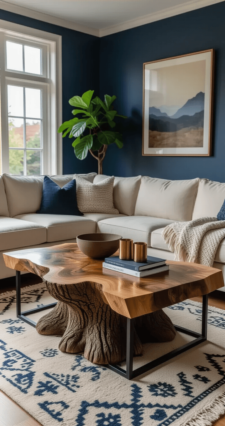 Waarom DIY-meubels de beste keuze zijn voor jouw interieur A sophisticated Dutch living space at blue hour, featuring a DIY tree trunk coffee table with live-edge wood and sleek metal legs, accompanied by a cream sectional sofa, deep blue accent wall, and geometric Persian rug; styled with art books, a ceramic bowl, a trailing pothos plant, brass candle holders, and a textured throw blanket.