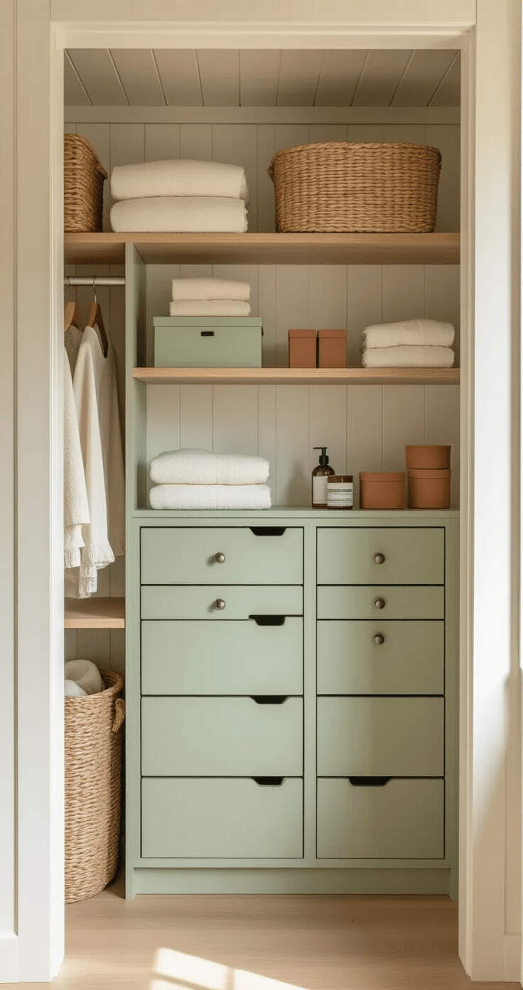 Waarom DIY Opbergdozen Je Leven Veranderen Professionele interieurfotografie van een lichte Scandinavische slaapkamer walk-in closet tijdens het gouden uur, met op maat gemaakte DIY geschilderde opslagdozen in zacht saliegroen en warm wit op natuurlijke eikenhouten plankjes. Neatly folded cream linens, beautyproducten in kleine terracottakistjes en gevlochten zeewiermanden creëren een gelaagde organisatie. Warm namiddaglicht stroomt door een mat glasraam en werpt zachte schaduwen.