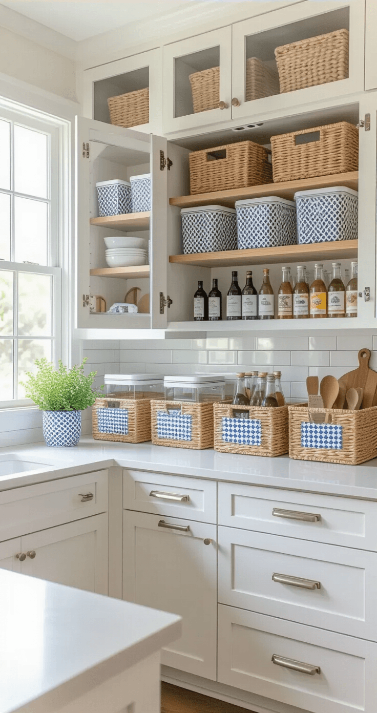 Waarom DIY Opbergdozen Je Leven Veranderen Een professionele keuken met open kastorganisatie, waarin DIY opslagcontainers met washi tape en natuurlijke rieten manden zijn te zien. Het licht van de ochtend valt door een noord-georiënteerd raam en verlicht de wit geschilderde shaker-kasten met glazen deuren en open schappen. Georganiseerde opslagoplossingen met geometrische navy en witte washi tape op doorzichtige containers, rieten manden voor oliën en azijnen, en geschilderde kartonnen doosjes voor thee.