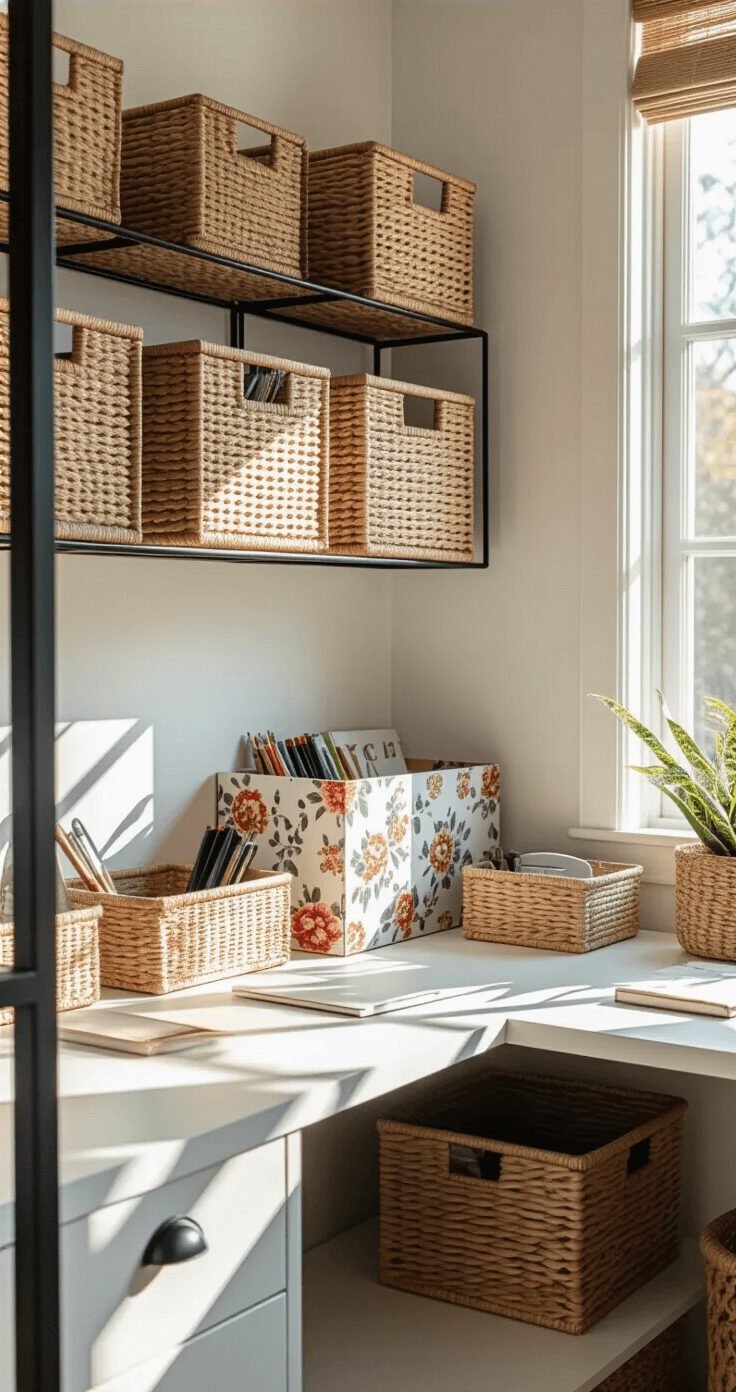 Waarom DIY Opbergdozen Je Leven Veranderen Atmosferische hoek van een thuiskantoor, gefotografeerd tijdens het gouden uur, met wandgemonteerde geweven manden en hergebruikte schoenendozen bedekt met luxe behangresten.