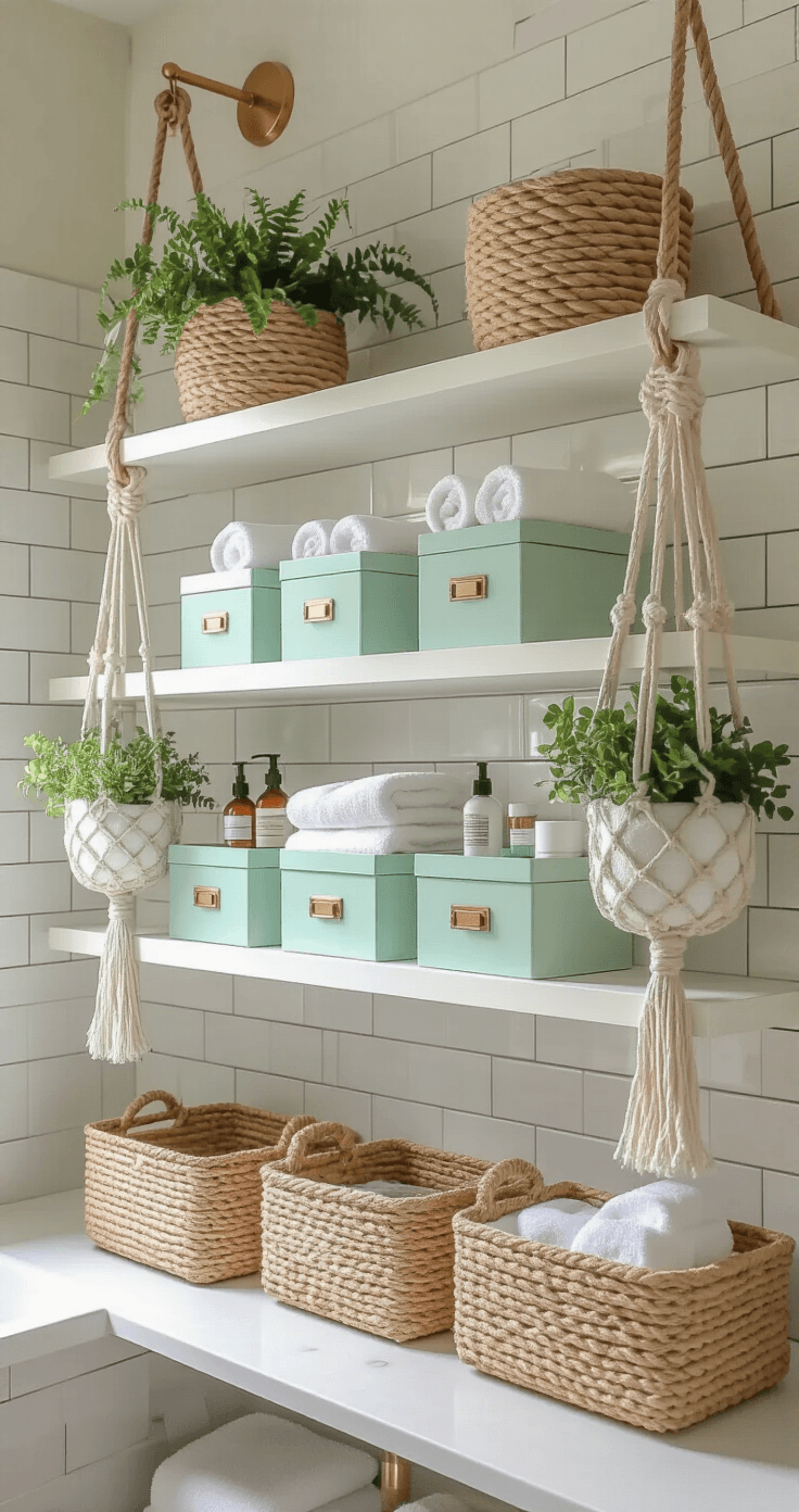 Waarom DIY Opbergdozen Je Leven Veranderen Serene badkamerorganisatie in zacht ochtendlicht met houten opbergdozen en macrame plantenhouders, tegen een achterwand van subwaytegels met mintgroene opbergdozen en handdoeken.