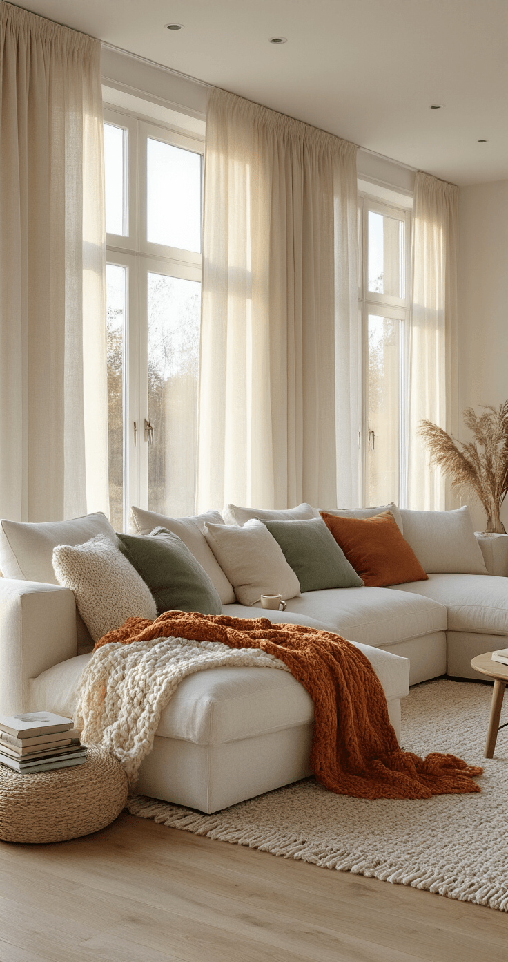 DIY Kussens en Plaids: Zo Creëer je Pinterest-Waardige Interieurinspiratie Fotorealistisch beeld van een ruime Scandinavische woonkamer met wit eikenhouten vloeren en van vloer tot plafond ramen op de westwand, verlicht door het warme gouden licht van de namiddag. Een crème kleurige linnen hoekbank met zeven handgemaakte kussens in verschillende texturen en een handgehaakt dekentje in burnt orange. Styling met een stapel vintage boeken, een dampende keramieken mok, een brandende kleurkaars in een messingen houder en gedroogd pampasgras in een gevlochten mand. Geschoten vanuit een hoek van 45 graden met natuurlijk zijlicht.
