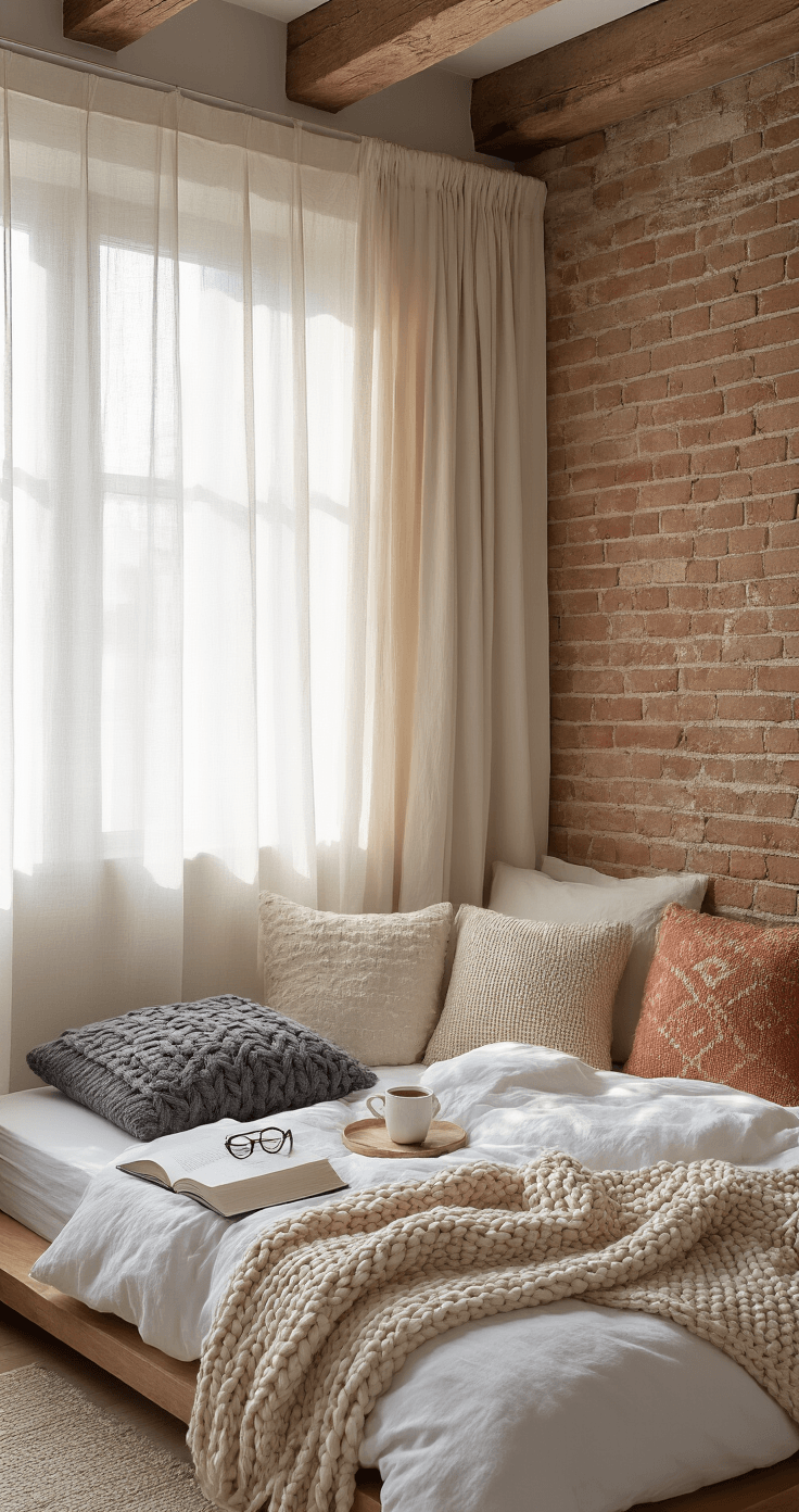 DIY Kussens en Plaids: Zo Creëer je Pinterest-Waardige Interieurinspiratie Fotorealistisch beeld van een intieme slaapkamerhoek met een blootgesteld bakstenen accentmuur en teruggewonnen houten balken, verlicht door zacht ochtendlicht dat door gauze gordijnen valt op een laag platformbed met witte katoenen beddengoed en vijf DIY kussens in verschillende texturen.