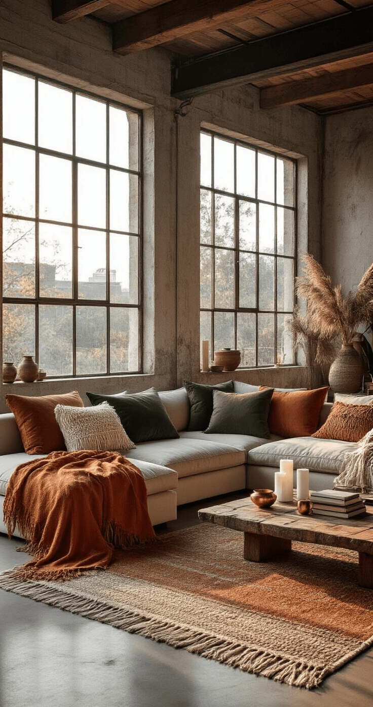 DIY Kussens en Plaids: Zo Creëer je Pinterest-Waardige Interieurinspiratie Fotorealistisch beeld van een bohemian woonkamer van 3,5x4 meter met gepolijste betonvloeren en grote industriële ramen op het oosten, verlicht door het late namiddaglicht dat dramatische schaduwen werpt over een lage taupe sectional bank, versierd met handgemaakte kussens en een terracotta ombre deken. Op een live-edge houten salontafel liggen vintage leren boeken, marokkaanse theeglazen, witte kaarsen en een hangende pothosplant.
