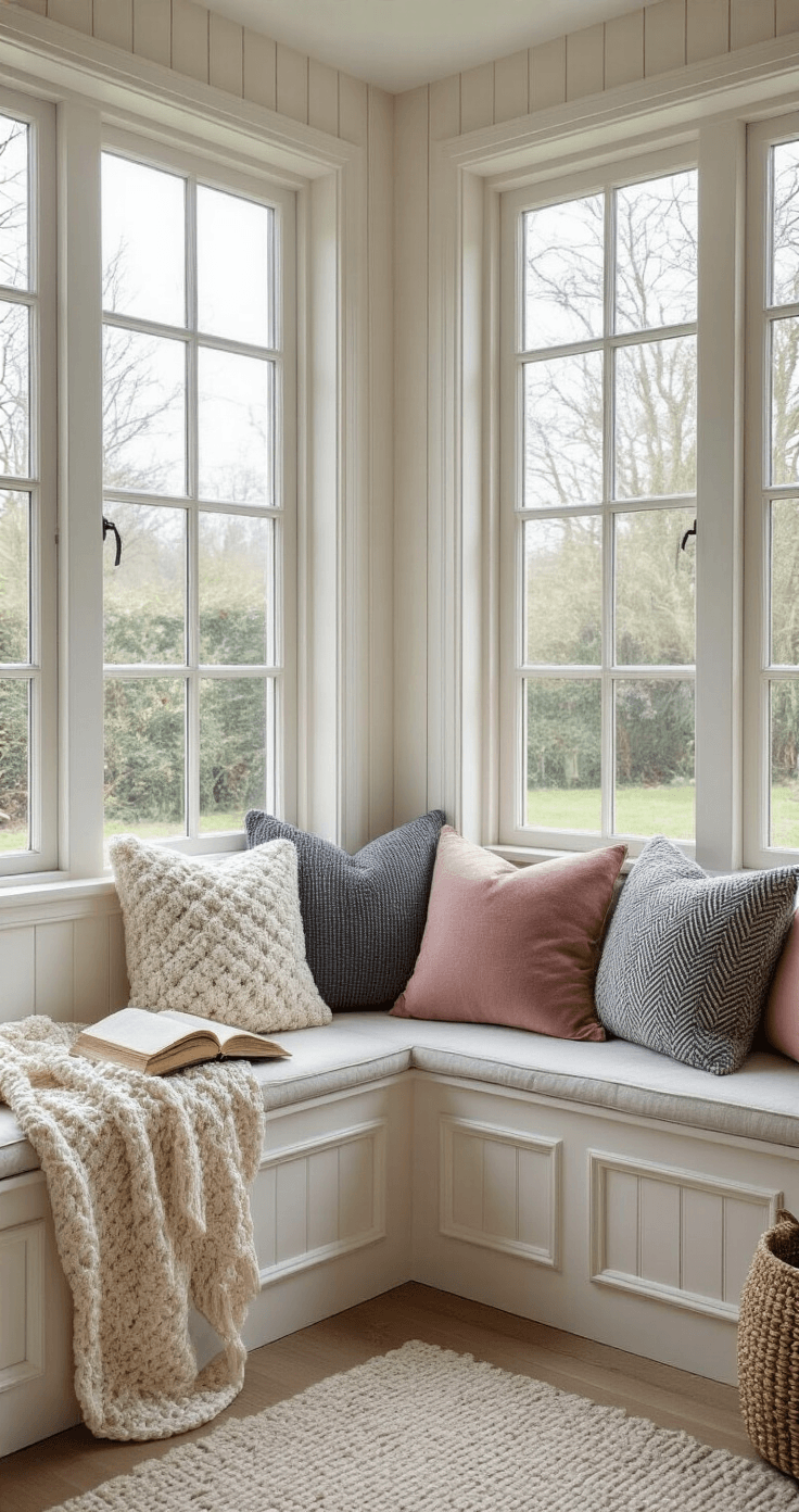 DIY Kussens en Plaids: Zo Creëer je Pinterest-Waardige Interieurinspiratie Fotorealistisch beeld van een gezellige leeshoek met een ingebouwd vensterzitje, witgeschilderde houtpanelen en grote draairaamvensters die uitkijken op een tuin. Het vensterzitje heeft vier DIY kussens in harmonie: chunky vissersbrei in crème wol, gladde Belgische fluweel in stofroze, fijne herringbone-weave in charcoal en getextureerde bouclé in warm wit. Een handgehaakte deken in gradients van blauw ligt op de zitplek. Penselen zoals een halfopen hardcoverboek, vintage schildpadbril, stoomende porseleinen theekop op schotel, kleine vetplant in terracotta pot en een chunky gebreid kussen. Opgenomen vanuit een hoek van 45 graden, 2 meter afstand, met natuurlijk diffuus raamlicht en subtiele invulverlichting van een witte reflector.