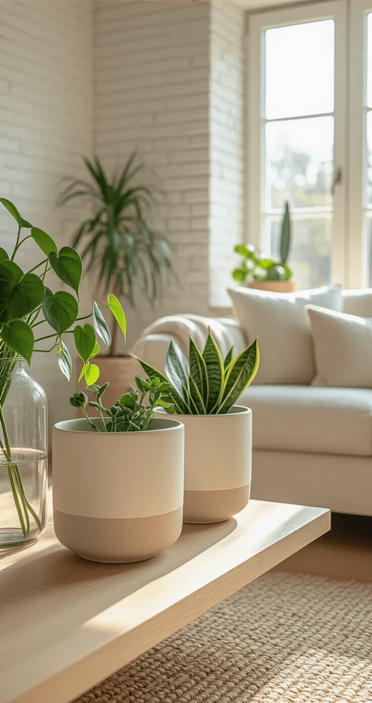 DIY Bloempotten en Vazen: Van Saai naar Spectaculair in Mijn Eigen Huis Zonovergoten Scandinavische woonkamer met grote ramen, witte eiken wandplank met drie DIY keramische potten in warme beige, zachte taupe en matte wit, gevuld met slijmophangende pothos en sanseveria, witte bakstenen muren, lichte cederhouten vloer en een crèmekleurige linnen bank.