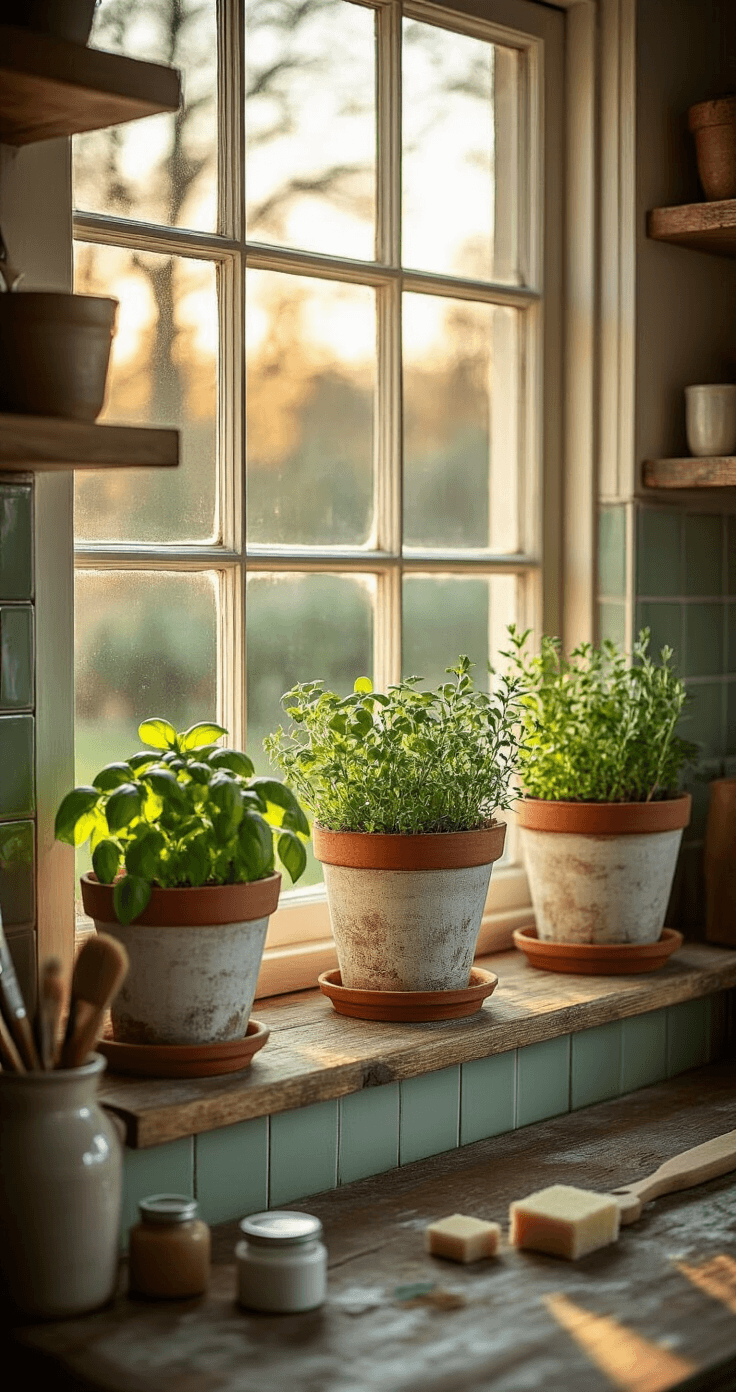 DIY Bloempotten en Vazen: Van Saai naar Spectaculair in Mijn Eigen Huis Cozy Dutch cottage kitchen windowsill adorned with rustic DIY planters in weathered grey and antique white, filled with fresh basil, rosemary, and thyme, illuminated by warm golden hour light; reclaimed wood shelves, vintage copper accents, and sage green subway tiles complete the scene, with crafting supplies visible on a distressed wooden table.