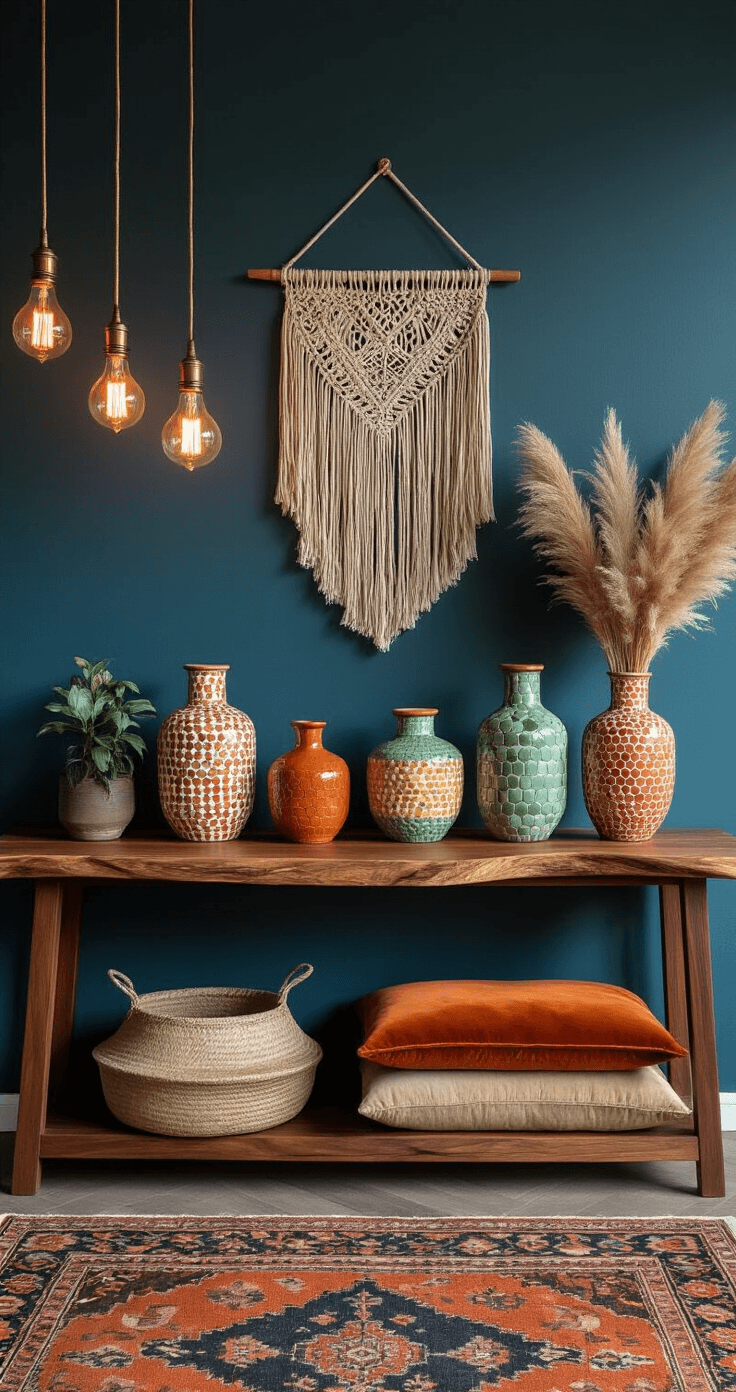 DIY Bloempotten en Vazen: Van Saai naar Spectaculair in Mijn Eigen Huis Moderne bohemien woonkamer bij schemering, met warme Edison verlichting, een live-edge walnotenhouten console tafel met DIY mozaïek vazen in terracotta, saliegroen en crème, macramé wandhangers, Perzische tapijten in roest en indigo, en gedroogde pampasgrasarrangementen; diepe blauwe accentmuur benadrukt de textuur van het tegelwerk.