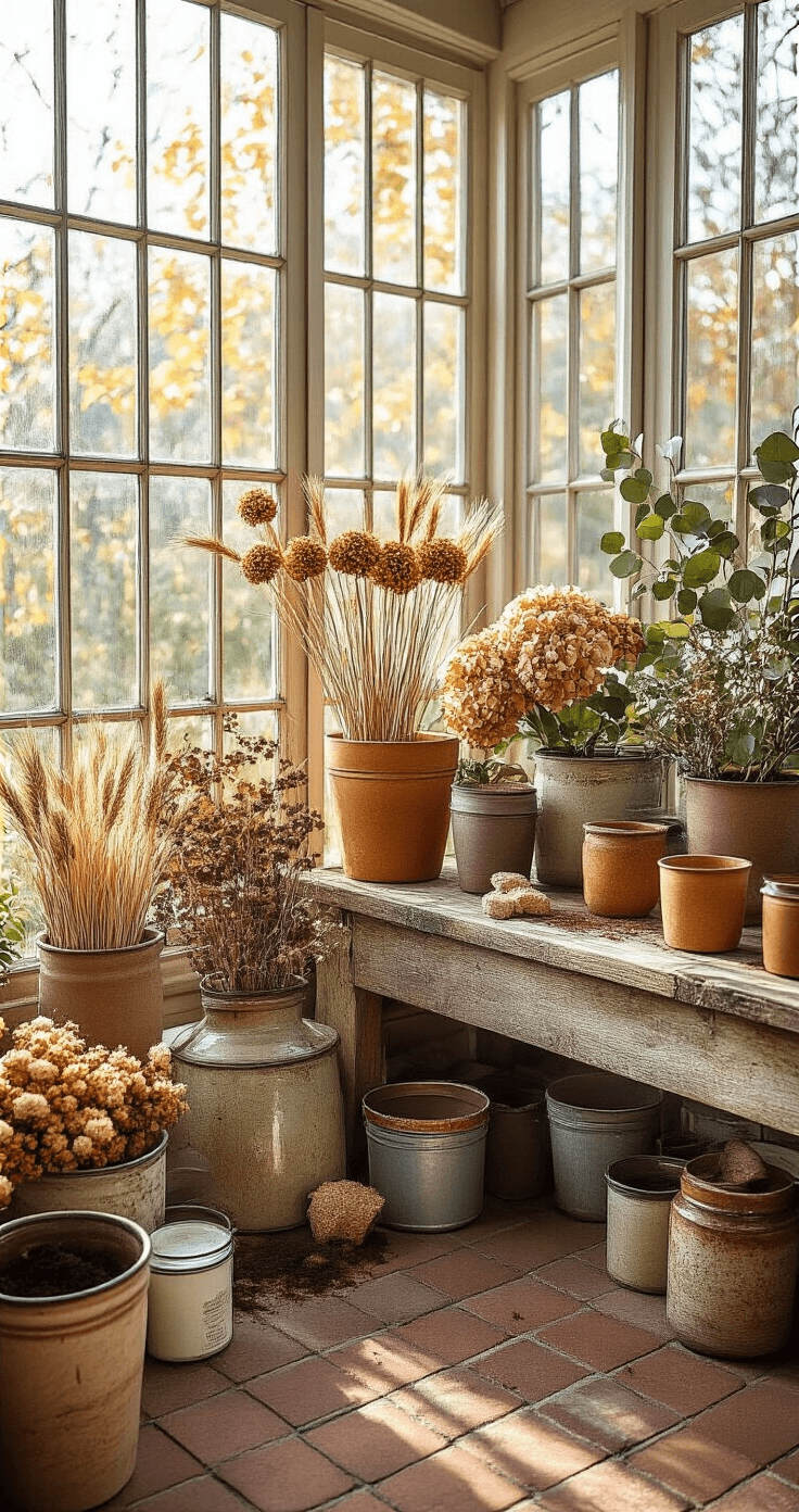 DIY Bloempotten en Vazen: Van Saai naar Spectaculair in Mijn Eigen Huis A cozy Dutch greenhouse corner bathed in morning light, featuring autumn-themed DIY pots with coffee grounds and cinnamon rust effects, alongside dried hydrangeas, wheat stalks, and preserved eucalyptus on a weathered potting bench. Dappled light patterns from glass panels illuminate the aged brick flooring, highlighting rich textures and warm brown and copper tones.