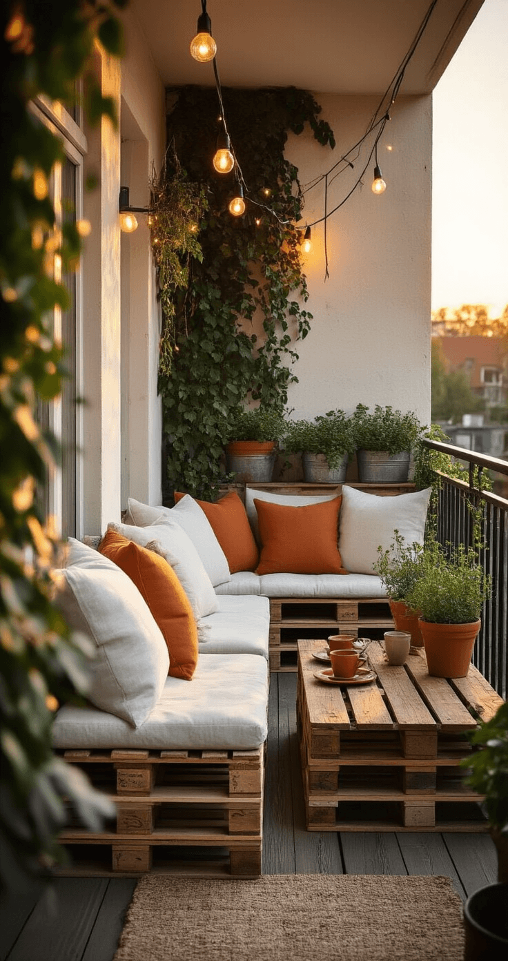 DIY buitenmeubels maken: van pallet tot perfecte Pinterest-look Photorealistic wide-angle shot of a cozy Dutch balcony featuring DIY pallet furniture, warm golden hour lighting, and soft textiles, creating an intimate hygge atmosphere with bistro table, ceramic coffee cups, potted herbs, and string lights overhead.