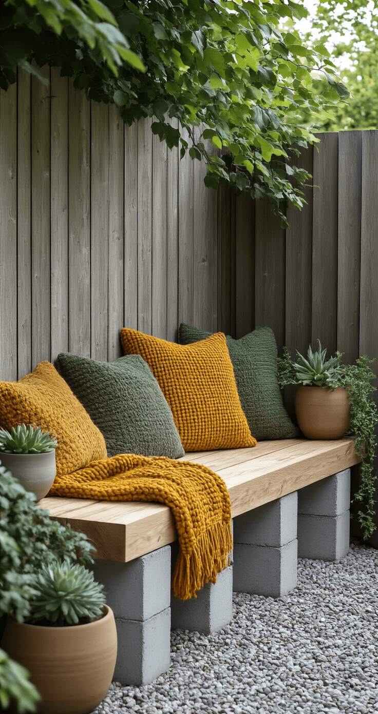 DIY buitenmeubels maken: van pallet tot perfecte Pinterest-look A cozy Dutch garden corner featuring a DIY concrete block and steigerhout bench with mustard yellow and sage green chunky knit throws, flanked by ceramic planters with trailing succulents, set against a backdrop of weathered wood and gravel pathways, captured in soft diffused light.