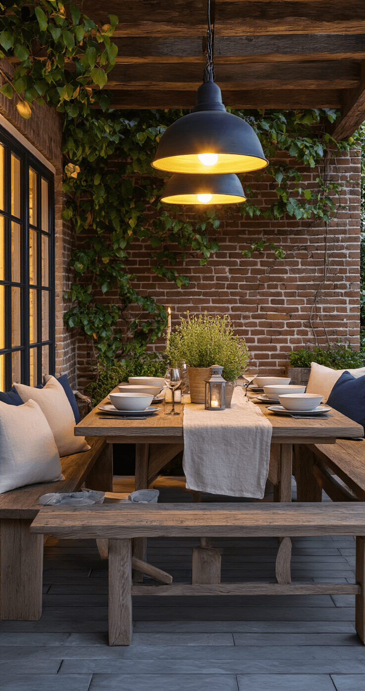 DIY buitenmeubels maken: van pallet tot perfecte Pinterest-look Photorealistic close-up of a Dutch covered terrace at twilight, featuring a handcrafted steigerhout dining table with matching benches, styled with off-white and navy ceramic dinnerware, a natural beige linen table runner, and potted herbs, against a brick wall adorned with climbing plants, illuminated by warm pendant lights that create a cozy atmosphere.
