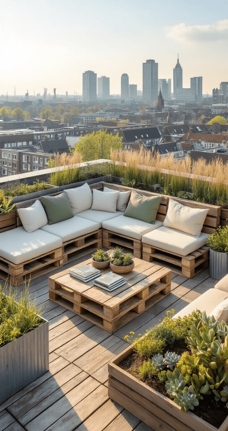 DIY buitenmeubels maken: van pallet tot perfecte Pinterest-look Photorealistic wide shot of a Dutch urban rooftop garden in late afternoon light, featuring a DIY furniture collection including a custom-built pallet sectional with cream and sage cushions, a steigerhout coffee table with vintage books and succulents, and industrial planters with ornamental grasses, all set against a city skyline backdrop with layered textures of wood and metal, and a fresh spring color palette.
