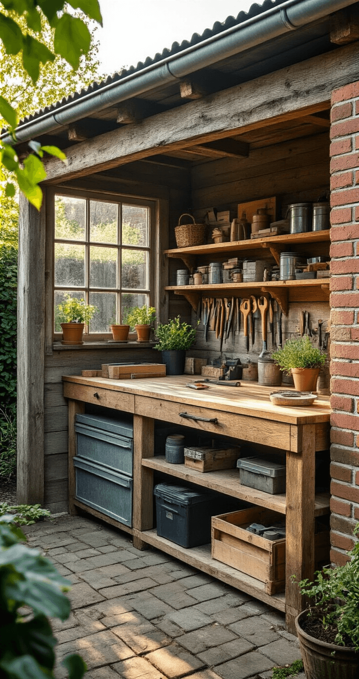 DIY buitenmeubels maken: van pallet tot perfecte Pinterest-look Photorealistic image of a Dutch garden shed corner serving as an outdoor workspace, featuring a DIY steigerhout workbench, organized woodworking tools, small potted plants, and a weathered wood aesthetic under filtered morning sunlight.