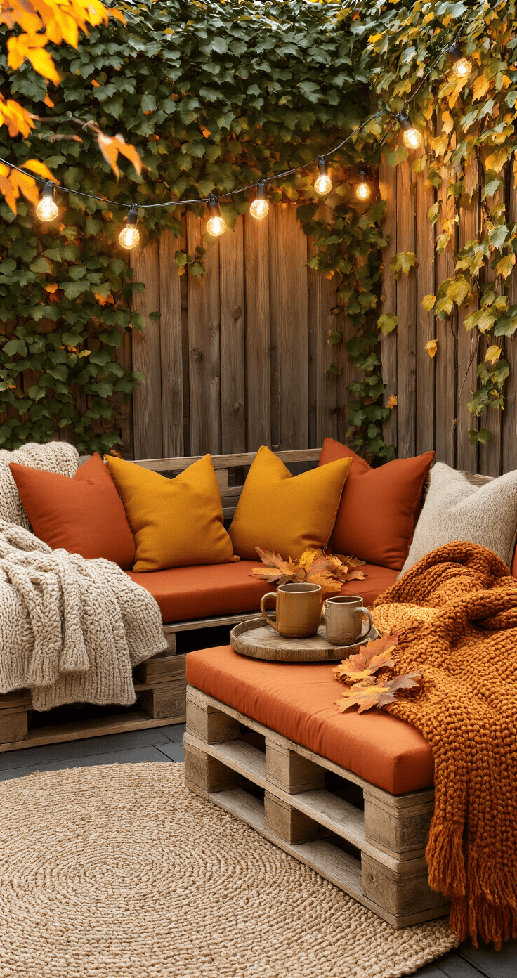DIY buitenmeubels maken: van pallet tot perfecte Pinterest-look Photorealistic Dutch patio styled for autumn, featuring DIY pallet lounge chairs with warm-toned cushions, chunky knit throws, a steigerhout side table with ceramic mugs and autumn leaves, string lights, and a wooden fence backdrop with climbing ivy, all set in a cozy hygge atmosphere during golden hour.