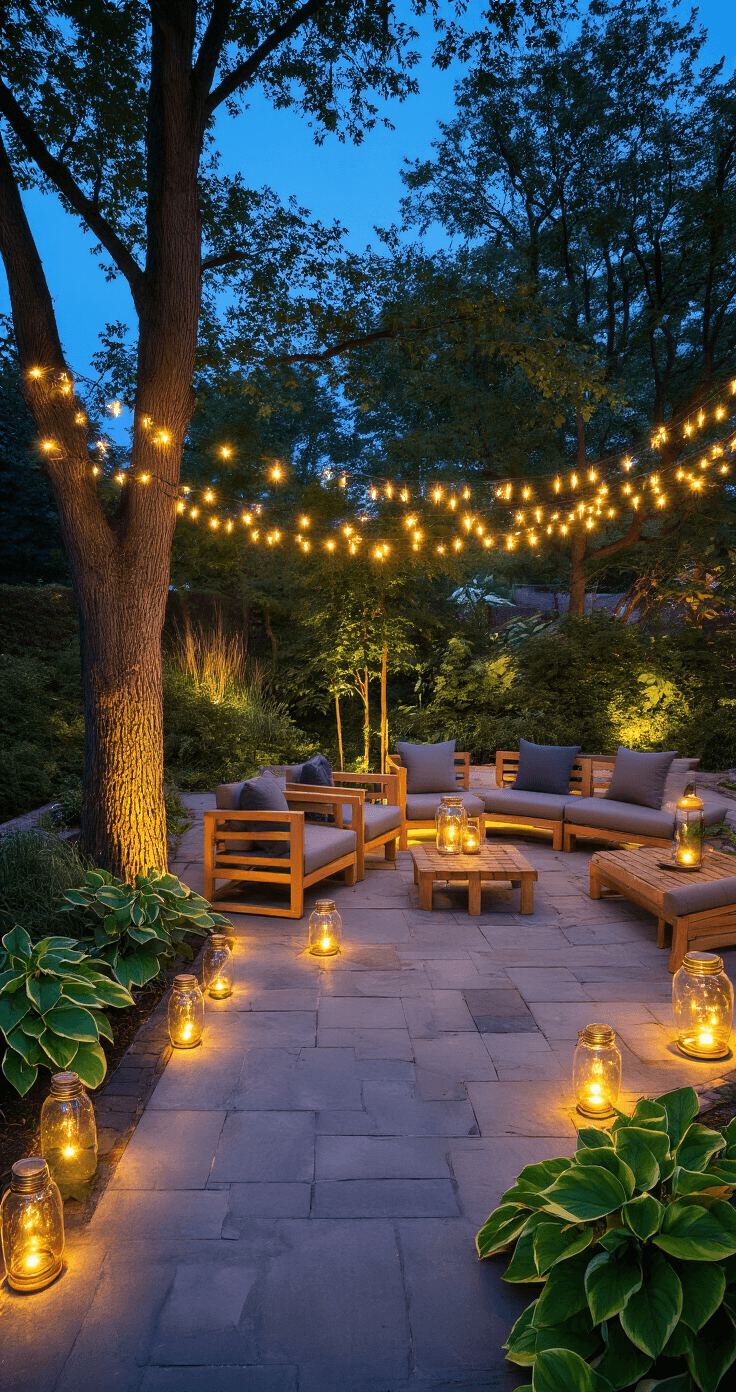 DIY tuinverlichting transformeert je buitenruimte van saai naar sprookjesachtig, en het beste van alles? Je hoeft geen elektricien te zijn om het te doen. Photorealistic evening garden scene in a Dutch backyard, featuring warm LED pathway lights, solar string lights among oak trees, and glass jar lanterns, illuminated by golden hour light against a deep blue twilight sky.