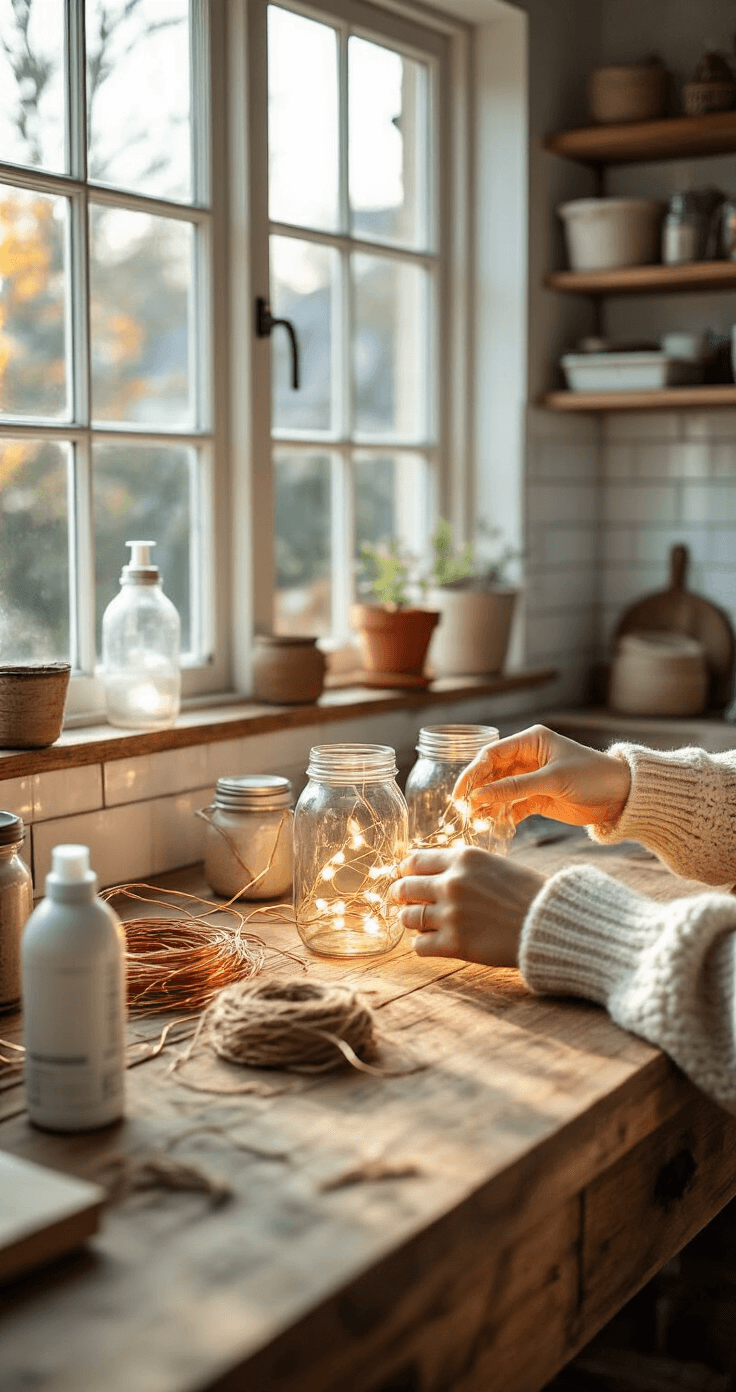 DIY tuinverlichting transformeert je buitenruimte van saai naar sprookjesachtig, en het beste van alles? Je hoeft geen elektricien te zijn om het te doen. Close-up of a cozy Dutch workshop with a rustic wooden workbench, where hands in a cream cable-knit sweater are threading LED lights into clear mason jars. Bright afternoon light filters through large windows, highlighting craft supplies like copper wire and jute rope, against a backdrop of white subway tiles and organized shelves.