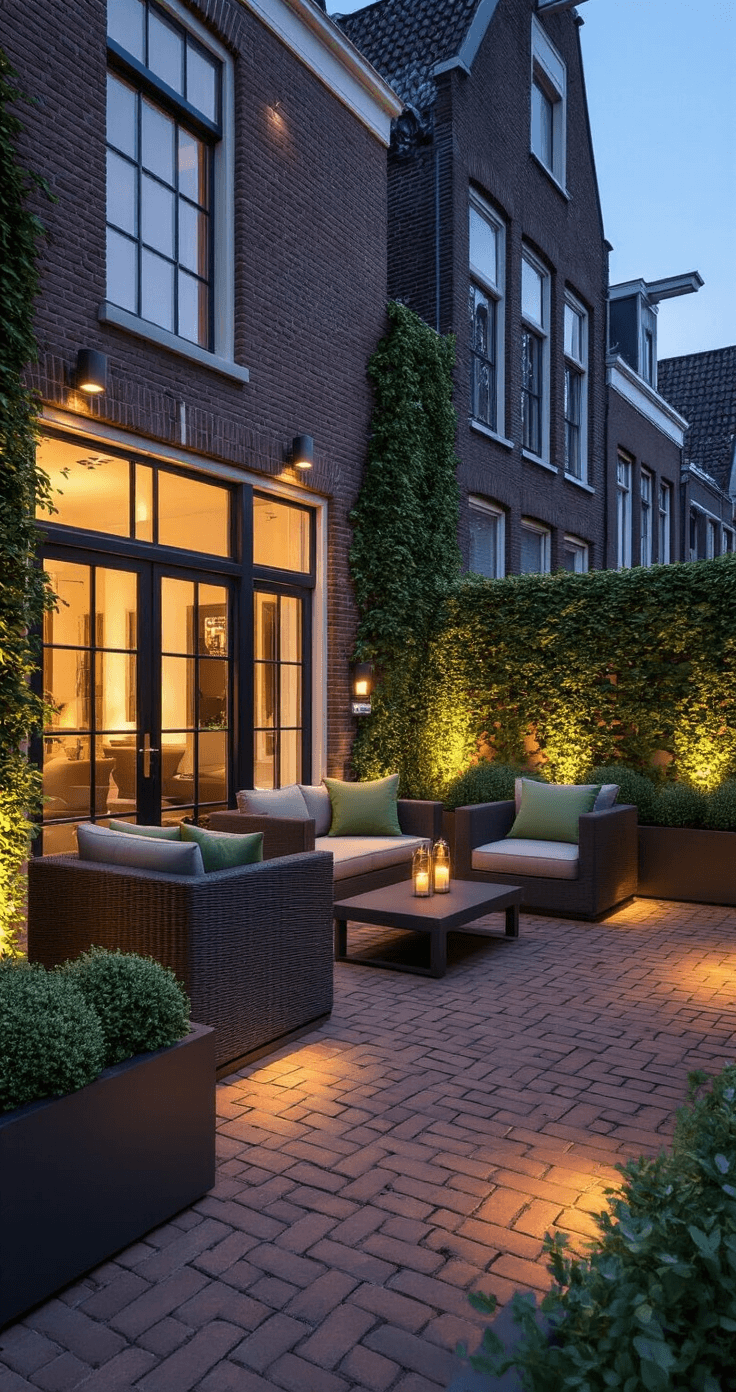 DIY tuinverlichting transformeert je buitenruimte van saai naar sprookjesachtig, en het beste van alles? Je hoeft geen elektricien te zijn om het te doen. Photorealistic evening terrace scene of a modern Dutch canal house patio featuring contemporary charcoal outdoor furniture, weather-resistant cushions, and an intricate 12V LED lighting system illuminating brick-paved space surrounded by historic walls, showcasing ambient lighting effects on ivy walls and planters.