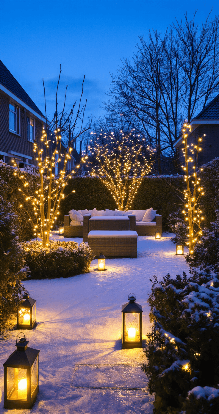 DIY tuinverlichting transformeert je buitenruimte van saai naar sprookjesachtig, en het beste van alles? Je hoeft geen elektricien te zijn om het te doen. Photorealistic winter evening garden scene in a traditional Dutch suburban backyard with mature dormant plantings, featuring heated LED strips outlining tree branches, warm solar string lights wrapped around evergreen shrubs, DIY glass lanterns illuminating snowy pathways, and contemporary outdoor furniture under a deep winter blue sky, showcasing seasonal lighting adaptations.