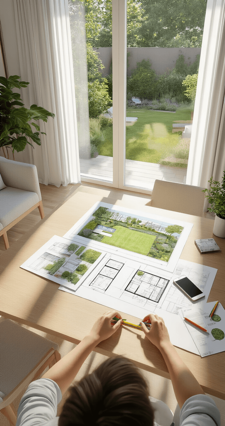 DIY tuinverlichting transformeert je buitenruimte van saai naar sprookjesachtig, en het beste van alles? Je hoeft geen elektricien te zijn om het te doen. Photorealistic daytime planning scene in a contemporary Dutch living room, featuring a light oak dining table with marked graph paper sketches of a garden layout, lighting product catalogs, and a smartphone displaying garden photos, with floor-to-ceiling windows providing a view of the garden and natural daylight, all in a clean, organized workspace with minimalist decor.