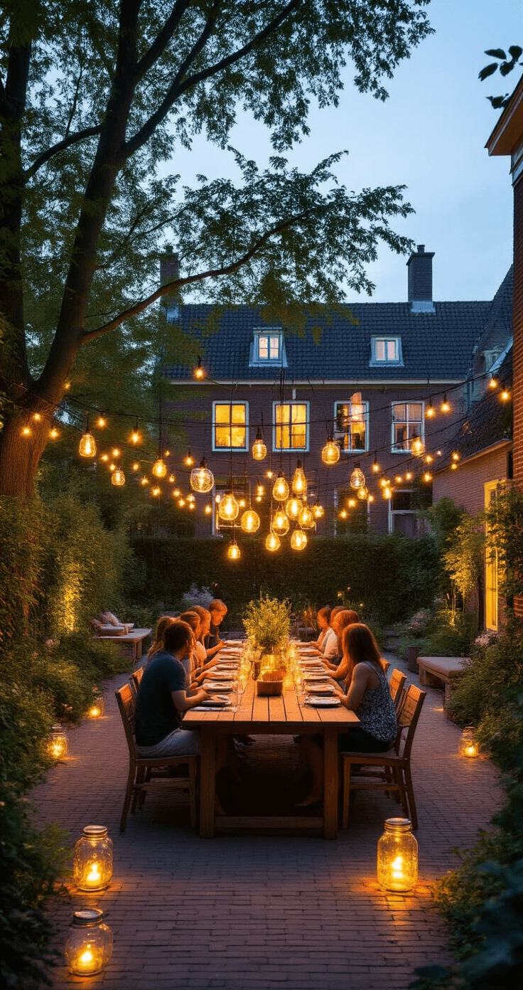 DIY tuinverlichting transformeert je buitenruimte van saai naar sprookjesachtig, en het beste van alles? Je hoeft geen elektricien te zijn om het te doen. Photorealistic evening scene of a garden dinner party in a spacious Dutch backyard, featuring a long teak dining table under string lights, glowing DIY glass jar lanterns, and 12V pathway lighting, all enhanced by warm golden hour illumination from a traditional brick home with illuminated windows.