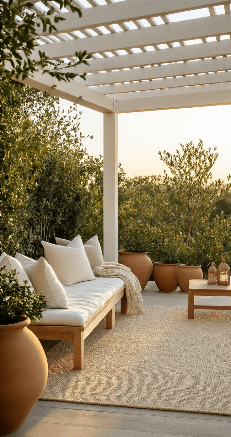 DIY Pergola Styling: Van Saaie Hoek tot Pinterest-Waardige Droomhoek Wide-angle shot van een Scandinavisch-stijl pergola hoek tijdens het gouden uur, met witte houten balken die geometrische schaduwen werpen over een grote crème jute buitenkleed. Minimalistisch licht eiken meubels met kussens in wit en beige, en terracotta bloempotten met groene planten voor diepte.