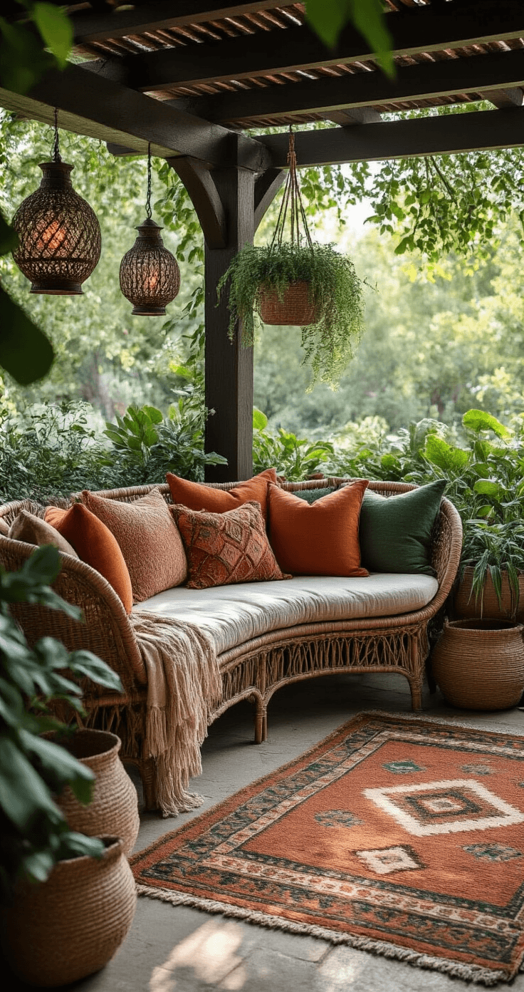 DIY Pergola Styling: Van Saaie Hoek tot Pinterest-Waardige Droomhoek Close-up van een bohemian pergola zithoek in zacht ochtendlicht met een donkere houten pergola, rieten meubels, en gelaagde textielen in terra cotta, diep oker en bosgroene tinten. Geweven manden met weelderige planten en Marokkaanse metaal lantaarns creëren een uitnodigende sfeer, terwijl een vintage kilim tapijt de ruimte verankert. Bronzen accenten en gedroogde pampasgras in keramische vazen completeren het warm en stijlvol ingerichte geheel.