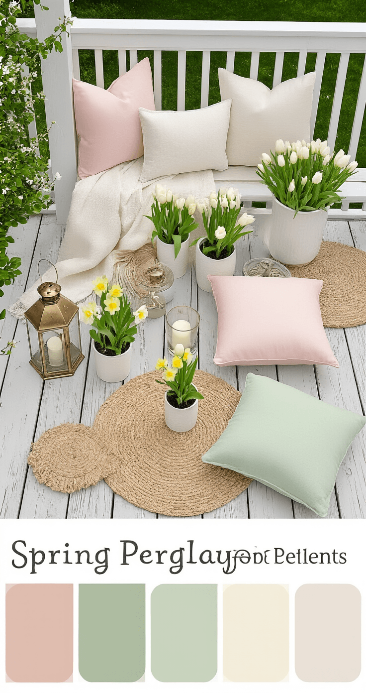 DIY Pergola Styling: Van Saaie Hoek tot Pinterest-Waardige Droomhoek Detailopname van een lente-pergola met pastelgekleurde stylingelementen op verouderd wit houten terras, inclusief zachte rozenkleurige en saliegroene kussens, katoenen dekens, kleine potjes tulpen en narcissen, vintage messing lantaarns en glazen windlichten, met textuurvolle jute placemats.