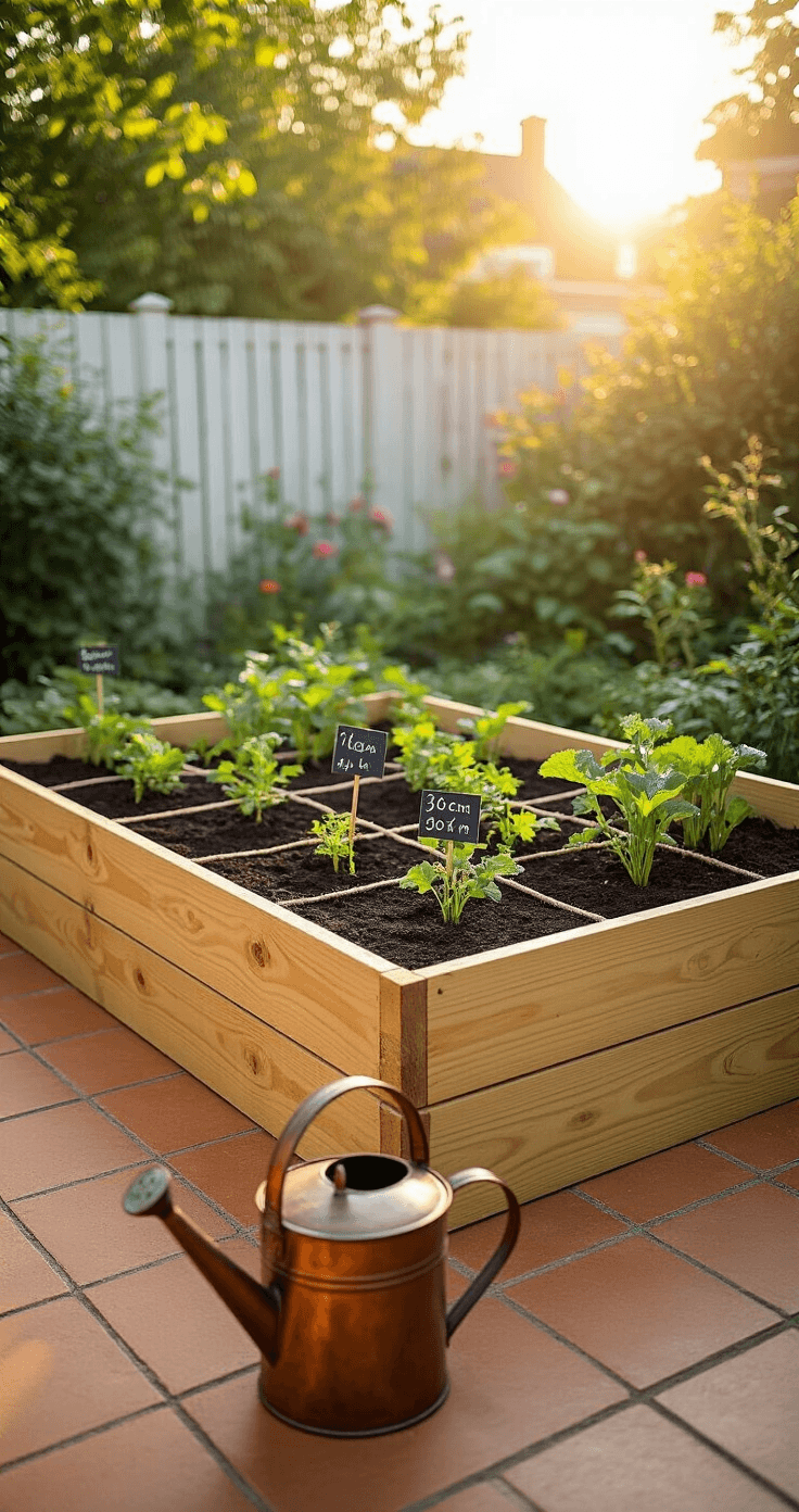 DIY Moestuinbakken Maken: De Complete Gids voor een Prachtige en Functionele Moestuin A sunlit Dutch backyard garden featuring a natural pine raised garden bed filled with dark soil, organized into grid sections with chalk labels, set against a weathered wooden fence, with a copper watering can in the foreground.