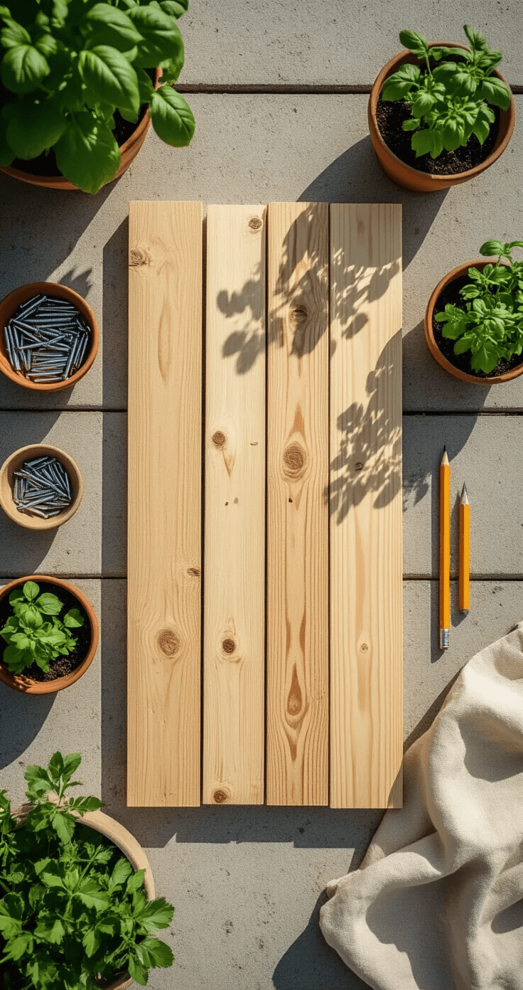 DIY Moestuinbakken Maken: De Complete Gids voor een Prachtige en Functionele Moestuin An overhead flat-lay of a Dutch vegetable garden build process featuring unfinished vurenhout planks, measuring tools, stainless steel screws in ceramic bowls, a worn pencil, and folded brown worteldoek, surrounded by terracotta pots of fresh herb seedlings, all on a weathered concrete patio illuminated by soft morning light.