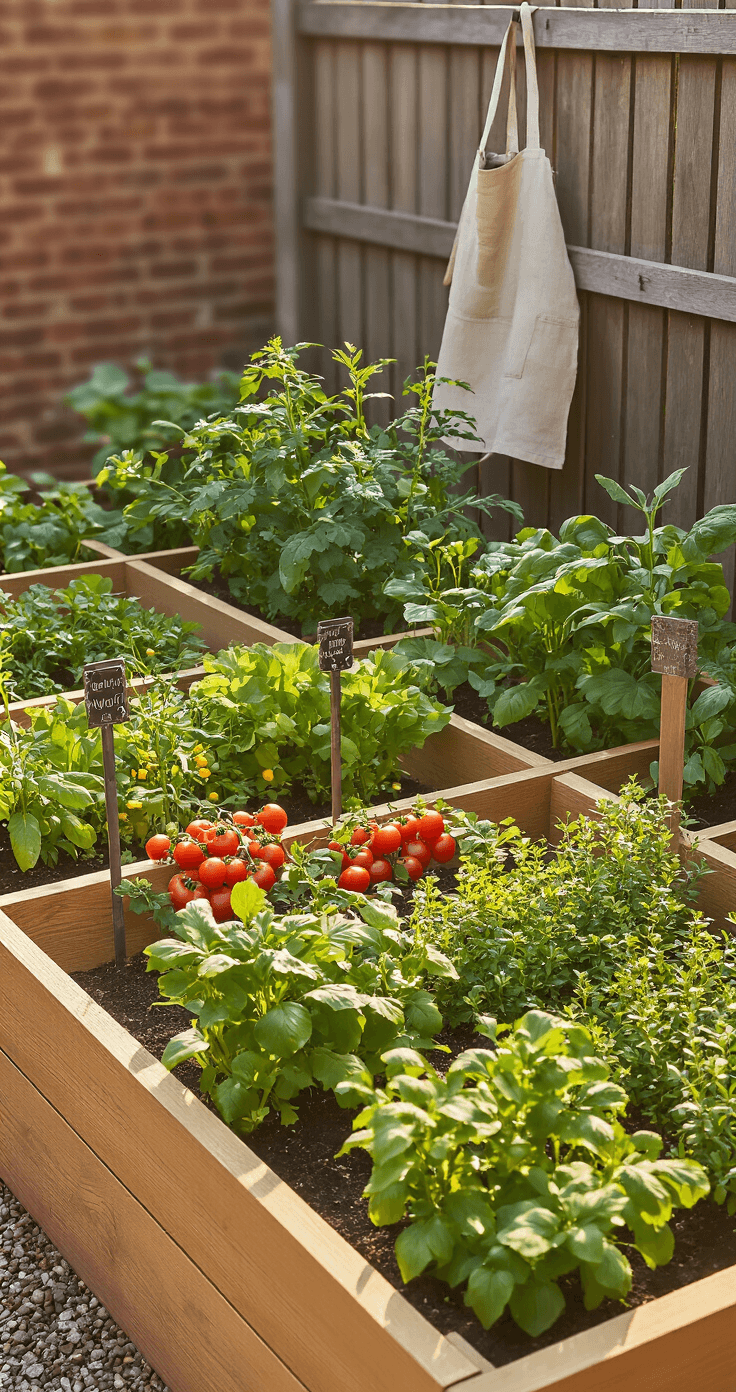 DIY Moestuinbakken Maken: De Complete Gids voor een Prachtige en Functionele Moestuin A medium-format photograph of a raised Dutch kitchen garden bed filled with vibrant greens and cherry tomato plants, captured in warm golden afternoon light, with rustic metal plant markers and a simple linen apron hanging nearby.